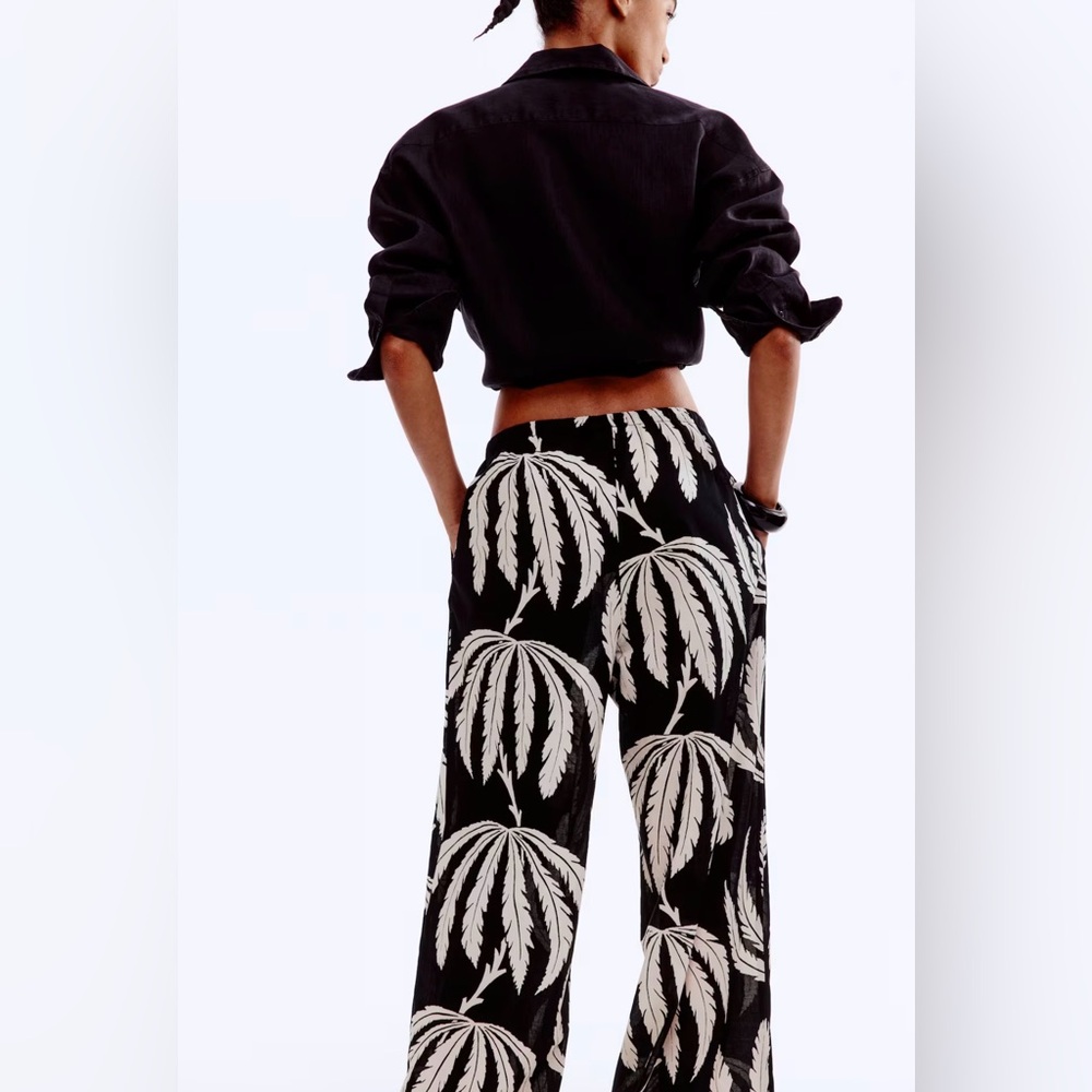H&M Black Palm Print Wide Leg Pants Small Cotton Drawstring Semi Sheer Resort - Picture 3 of 13
